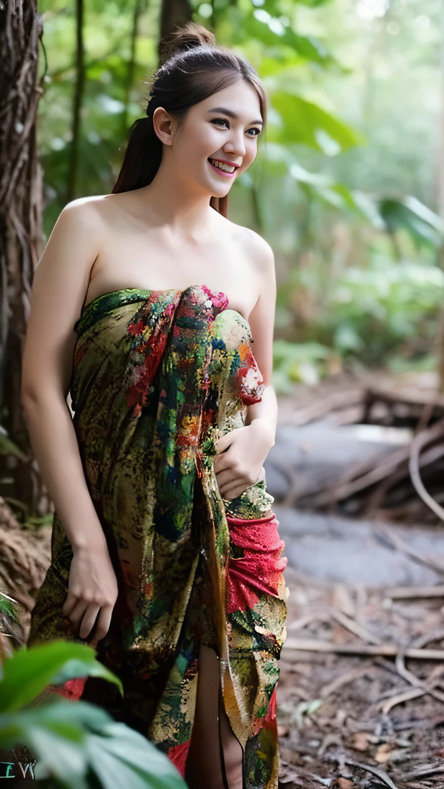 A film still of a girl naked try to escape from the dark forest, , , hands on hips,  horror theme, ()), messy long hairstyle, sweaty body, sweaty body, smiling, scared face, Prores lense, Low angle shot, dark green color grading, cinemascope, natural light, Dynamic shadows, ((wearing batik sarong dress)), horror film, high quality, ultra detail, 8k, Panavision DXL2 camera, perfect hands, perfect fingers, attractive & seductive pose 