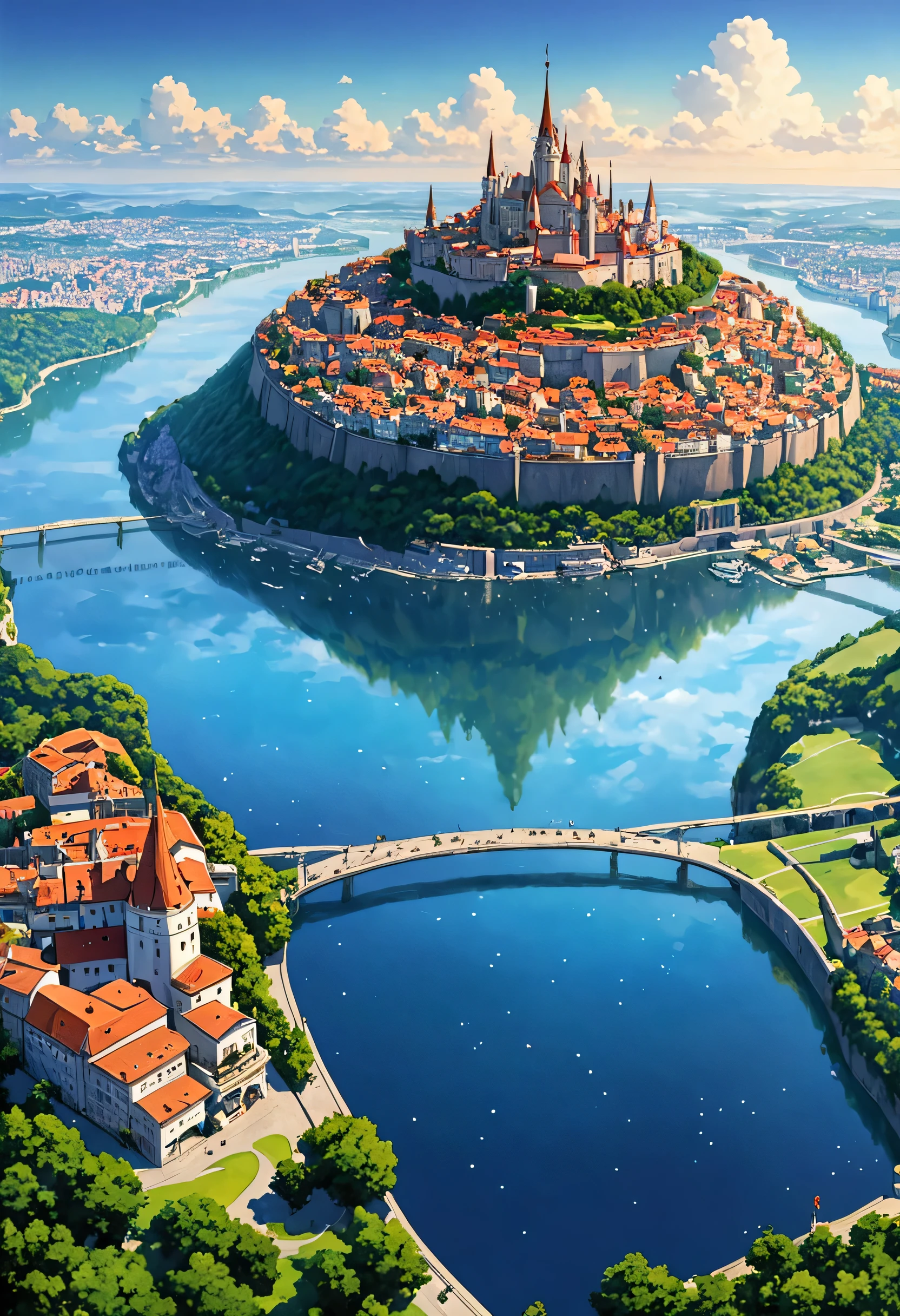 ((only background)), ((anime:1.4,illustration)),(masterpiece, top quality, best quality),(ultra-detailed, absolutely resolution),((16k, high res)).(reflect),
BREAK {(anime movie by Studio Ghibli Style: 1.5)}
BREAK {dfantastical upside-down city. The city should appear as if it is hanging from the sky, with buildings, streets, and bridges all inverted. The architecture should blend modern and futuristic styles, featuring intricate details, vibrant colors, and a mix of geometric and organic shapes. The buildings should include spires, towers, and illuminated windows. The sky above the city should be filled with stars and swirling clouds, creating a surreal and dreamlike atmosphere. Below the inverted city, depict a calm, clear body of water reflecting the cityscape, enhancing the mirror effect. Include subtle elements such as distant planets or moons in the sky}
BREAK { (produces images with information than 40 million pixels with cinematic-like detailed textures shot on a Sony SLR).}
BREAK {(((cinematic look))), soothing tones, insane details, intricate details, hyperdetailed, low contrast, exposure blend, hdr, beautiful blue image, (hi contrast),Sony SLR.}