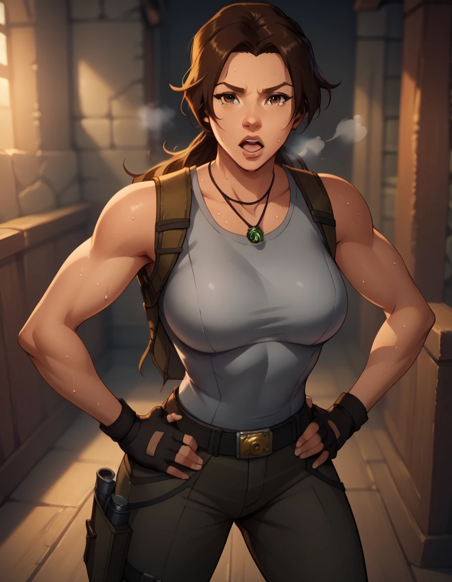 score_9, score_8_up, score_7_up,score_6_up, score_5_up, score_4_up ,
1girl, solo,
large breasts,
LaraDG,
long hair, ponytail, brown hair, brown eyes, 
fingerless gloves, boots, belt, pants, tank top, grey shirt, out of breath, sweaty, hands on hips, open mouth, sexy
looking at viewer, 
 