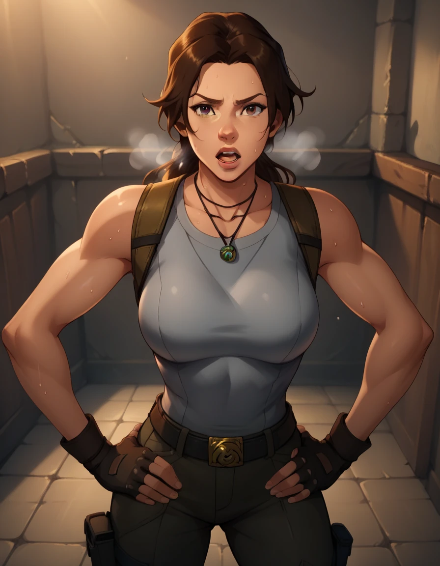 score_9, score_8_up, score_7_up,score_6_up, score_5_up, score_4_up ,
1girl, solo,
large breasts,
LaraDG,
long hair, ponytail, brown hair, brown eyes, 
fingerless gloves, boots, belt, pants, tank top, grey shirt, out of breath, sweaty, hands on hips, open mouth, sexy
looking at viewer, 
 