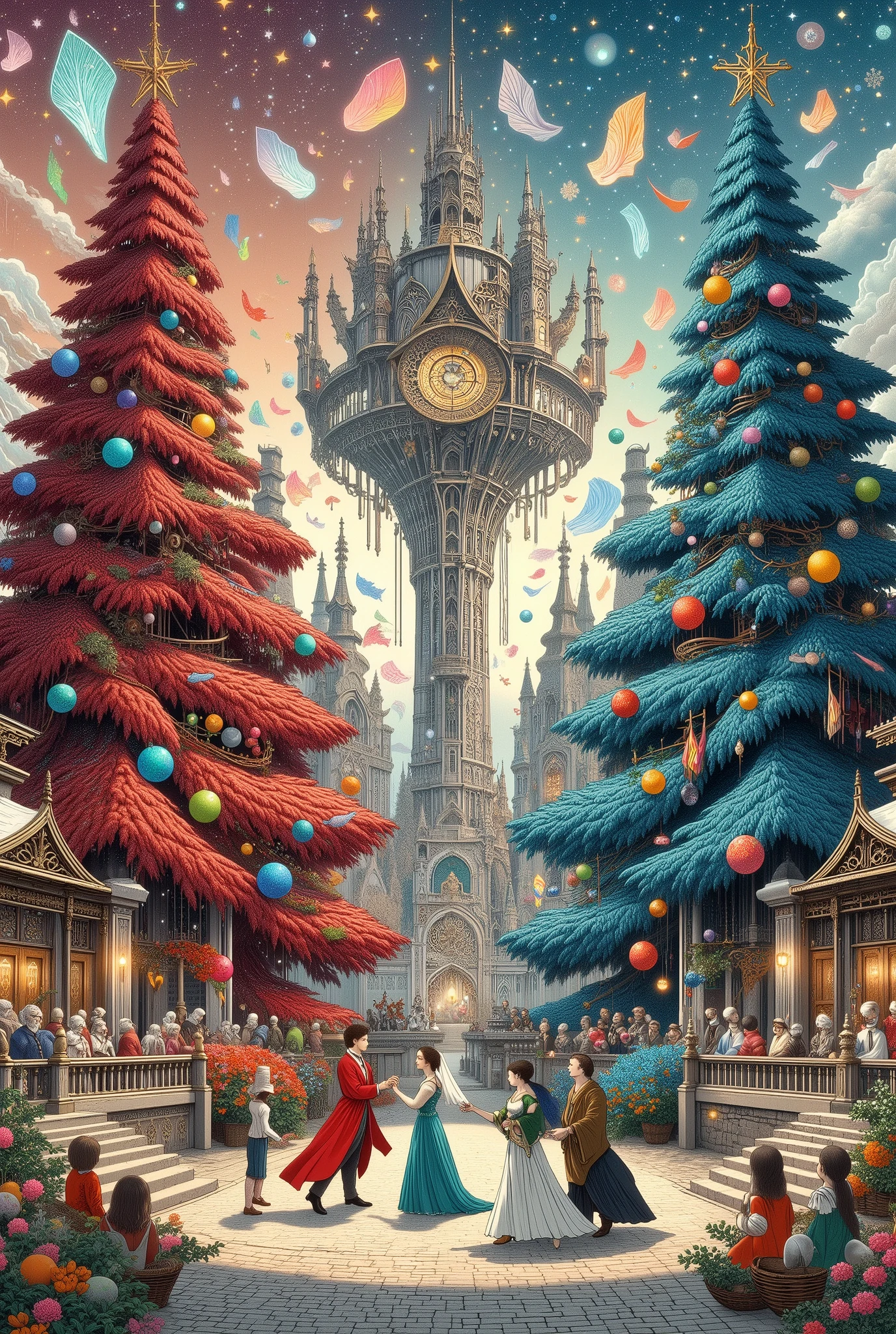 (Ultra-detailed, Looking away, Fantasy Illustration with Gothic, Rich tone colors.), BREAK 
(Two large tall fir trees grow in the large courtyard of Cinderella's Castle in a large amusement park in fairyland. 2 fir trees are decorated for Christmas, one tree is decorated with many red ornaments and a large red ribbon, as if it is inhabited by a spirit of fire. One fir tree is decorated with many blue ornaments and large blue lace ribbons, frozen and shining as if inhabited by the spirit of snow.), BREAK 
(Around the two fir trees, men and women dressed in old-fashioned 19th-century English Victorian-style costumes dance a waltz in pairs. Inside the castle, an orchestra plays a waltz. Rainbow-colored notes float in the air like fairies, leaving trails of light as they fly through the air. A very happy and joyful atmosphere.)