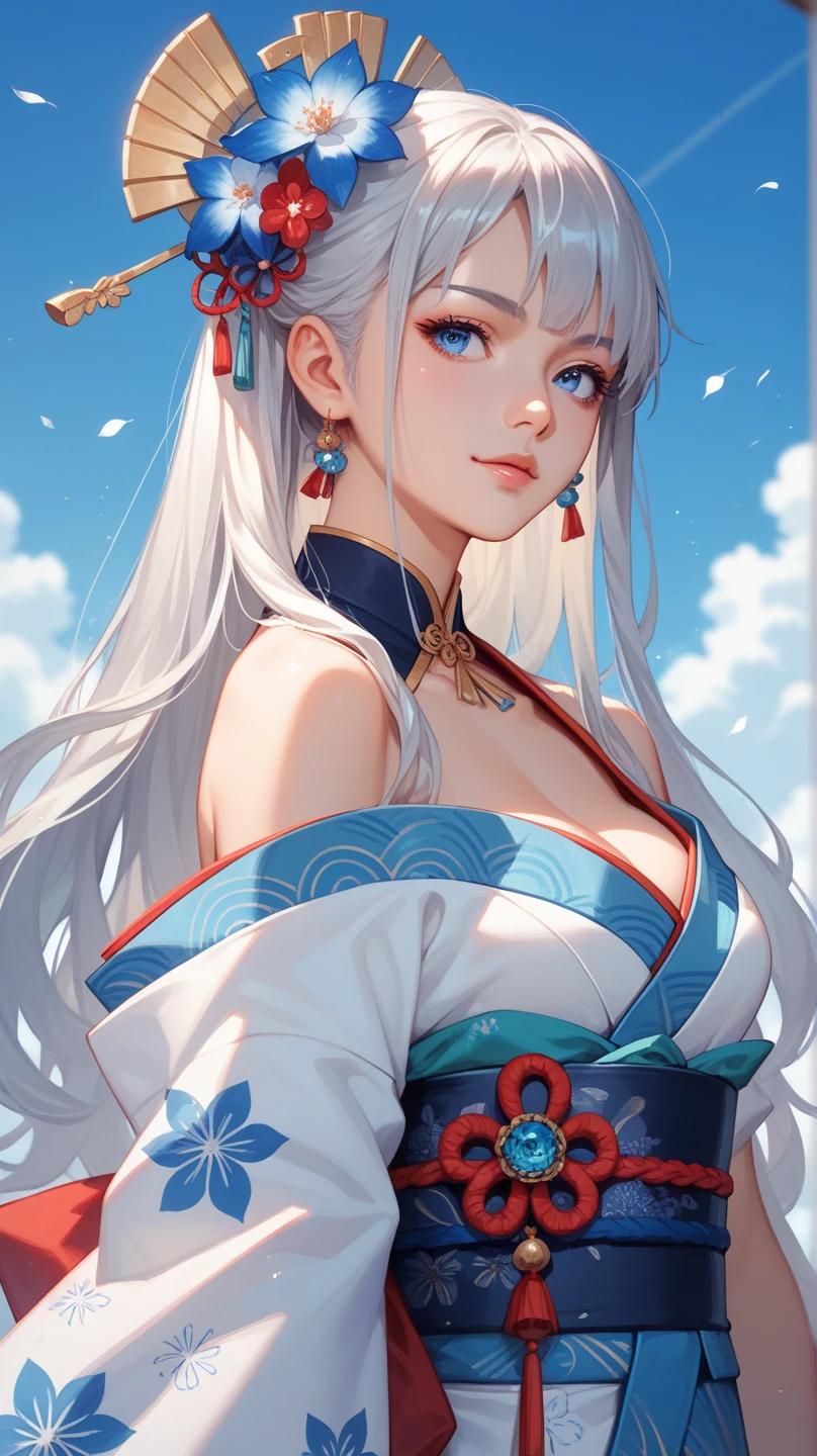 (paysage Azur Lane), (Detailed eyes and face:1.3), (Very elegant and beautiful:1.1), (Perfect detail:1.1), (From the knee up、Large Breasts), ((Top of the character)), Shoukaku, Azur Lane, Gray Hair, Long Hair, Ons Side Hair Ornament, blue eyes, kimono, heart, ability,Fingerless gloves