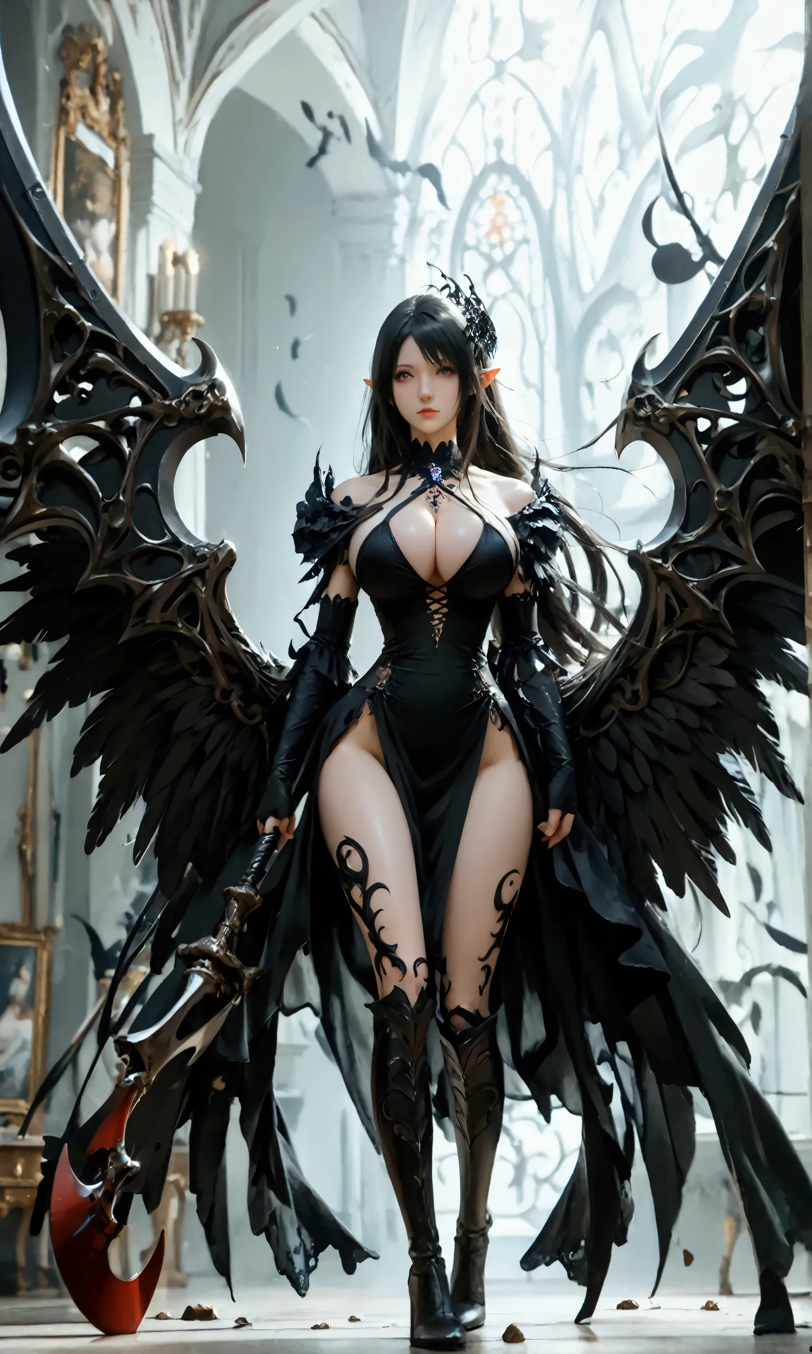 (8k, top quality, Masterpiece , Final Fantasy Style: 1.2),Atmospheric perspective, 8K, Very detailed, Accurate, Highest quality, masterpiece, Very detailed,Sharp focus, High resolution, full body shot of a reaper female elf, Complex, Narrow Face, elegant, Wearing a sapphire necklace, Black lightweight dress with straps, large black wings on her back, sexy black boots, (carrying a long big Deathscythe on her back:1.5), flying over, floating from a floor, ((large breasts:1.2), (huge breasts:1.2), (Uplifted and well-defined bust:1.2), (lifted chest:1.2), (perky breasts :1.2),(deep cleavage:1.4)) and a huge waist, (sexy long legs, whole body picture:1.5), To the camera, Very detailed, Digital Painting, Art Station, Concept Art, Smooth, Sharp focus, figure, ArtJam, Greg Rutkowski, Art by Alphonse Mucha, 8K, Volumetric Fog, bloom, light, lumen, Crank blur, Retrospective shot of rear loam、angle from below, Low - Angle,