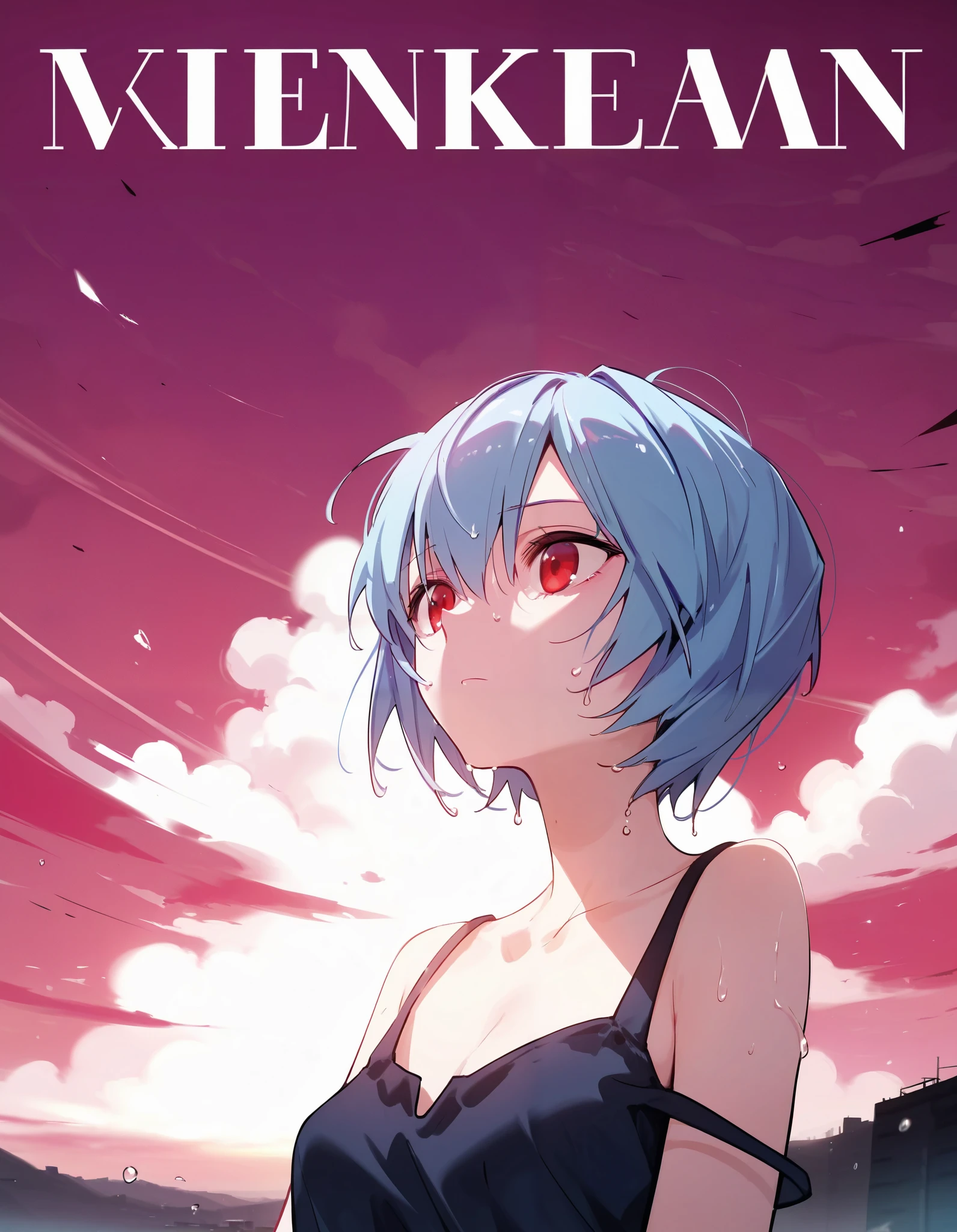 very strong contrast, dramatic Lighting,very high detailed,very gorgeous and complicated background,8k,4k,highres,hadrian, sidelighting,straight-on portrait,ayanami rei,slender face,exhausted, red sky,black_cloud,destroyed building, expressionless, vignetting, red shadow,magazine cover, neon genesis evangelion,dress,strap slip,wet,head up,single tear,light blue hair,hair ornament, highway,