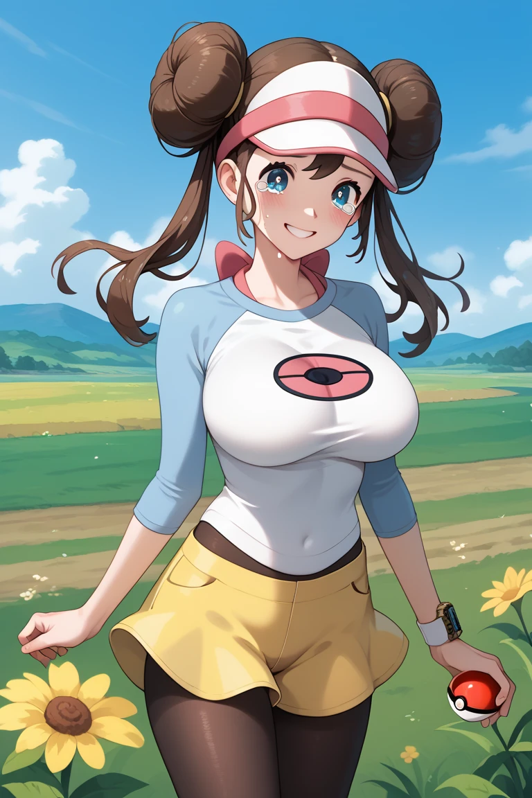 masterpiece, best quality,  highres icon, ro1, hair bun, blue eyes, twintails, visor cap, pantyhose, raglan sleeves, yellow shorts, shirt, pink bow, wristwatch, standing, cowboy shot, field, poke ball \(basic\), smile,(((( Big Breasts )))), Perfect Bodies, anatomically correct,Teenage girl anime,  is crying, 