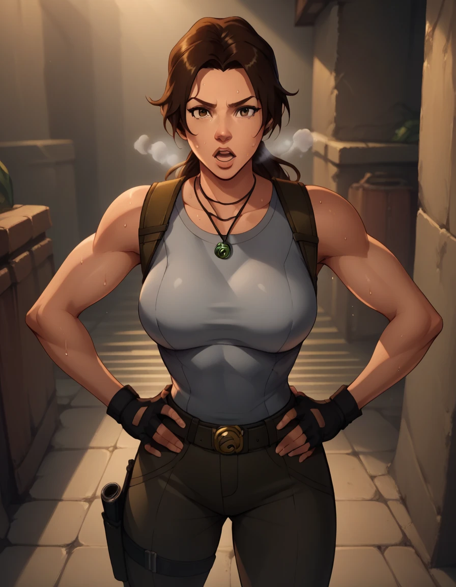 score_9, score_8_up, score_7_up,score_6_up, score_5_up, score_4_up ,
1girl, solo,
large breasts,
LaraDG,
long hair, ponytail, brown hair, brown eyes, 
fingerless gloves, boots, belt, pants, tank top, grey shirt, out of breath, sweaty, hands on hips, open mouth, sexy
looking at viewer, 
 