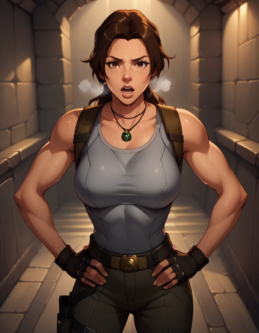 score_9, score_8_up, score_7_up,score_6_up, score_5_up, score_4_up ,
1girl, solo,
large breasts,
LaraDG,
long hair, ponytail, brown hair, brown eyes, 
fingerless gloves, boots, belt, pants, tank top, grey shirt, out of breath, sweaty, hands on hips, open mouth, sexy
looking at viewer, 
 