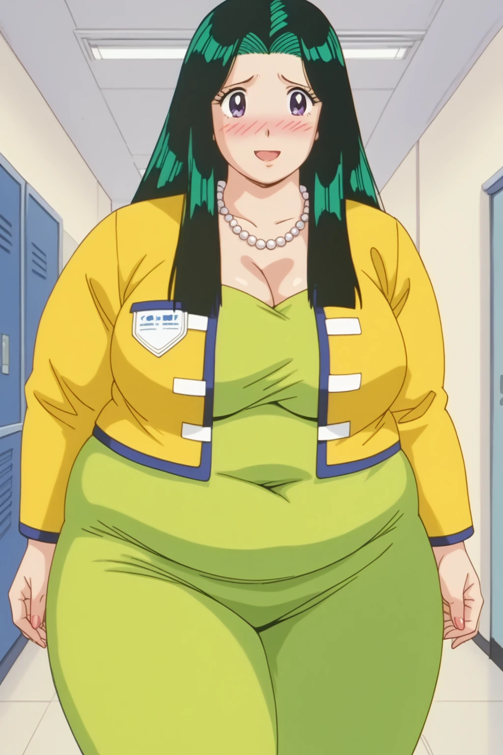   score_9,   score_8_up,   score_7_up,   score_6_up,   score_5_up,   score_4_up,     Masterpiece  ,   top quality,   very aesthetic,  absurd, ritsuko takahashi, dark green hair, long hair,purple eyes,Big Breasts,Curvy,thin yellow-green bodycon ,pale yellow-green miniskirt,  yellow-green Spencer jacket, pearl necklace ,   source_Anime, Anime screencap,    one woman , Alone,  personal  ,   long hair, Super huge breasts, (((Super huge , Super huge , Super huge boob))), Curvy,   wide hips ,   embarrassed expression, Fat body,   chubby,  obese body type ,blush, Shy woman,  belly fat sticking out of clothing ,　 sloppy stomach, Mature Woman, milf, 40 years old, ssbbw, In the School Hallway 