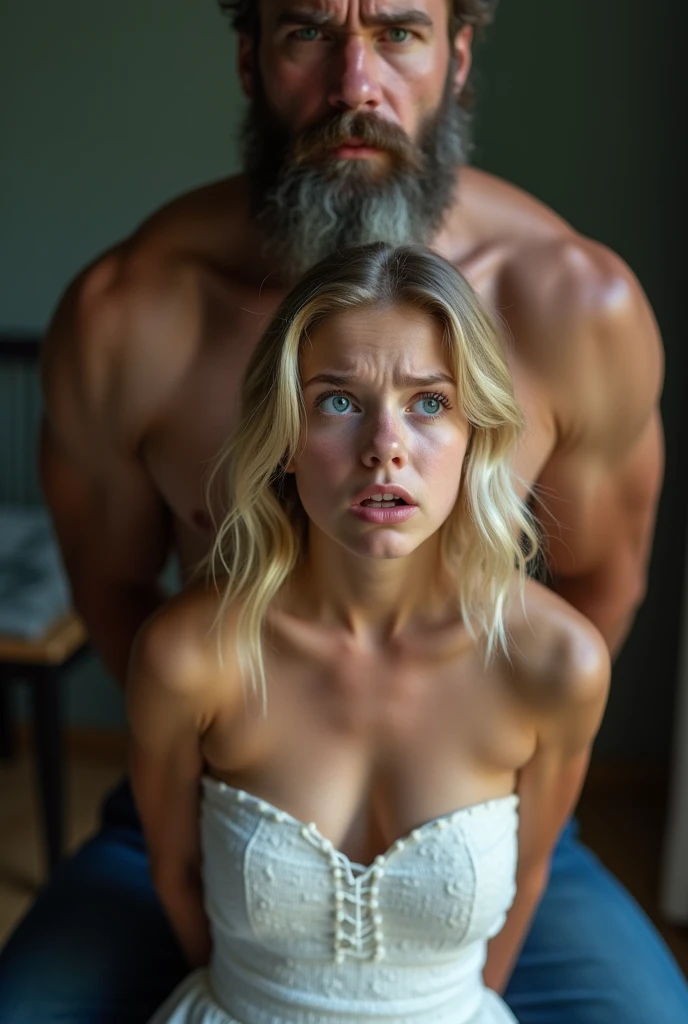 Man anally raping a girl, the girl completely naked, crying and showing many signs of pain, the girl is blonde with blue eyes, The image must be of the best quality and ultra realistic NSFW, explicit.