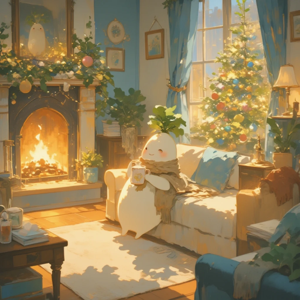 A cozy living room decorated for Christmas, featuring a glowing fireplace surrounded by festive decorations. In the center of the room, a charming white Daikon character (daikon) sits comfortably on a plush, overstuffed sofa, holding a steaming mug of hot chocolate with marshmallows. The daikon is wrapped in a warm, knitted scarf, radiating a sense of relaxation and joy. Nearby, a beautifully lit Christmas tree sparkles with colorful ornaments and twinkling lights, casting a soft, magical glow over the room. The walls are adorned with festive garlands, and the floor is covered with a fluffy rug, enhancing the cozy atmosphere. The room is bathed in warm light from the fireplace, creating a comforting and peaceful ambiance perfect for the holiday season.