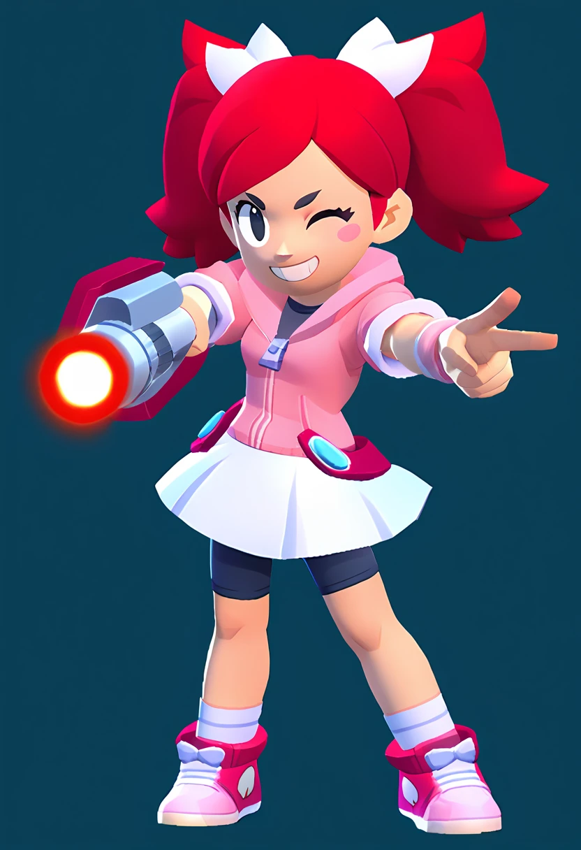 1girl Sayaka (サヤカ) (Yumi)  Ape Escape 3 (サルゲッチュ3) , red hair, twintails, black eyes, hair bow, pink hoodie, short sleeves, wristband, white skirt, bike shorts, socks, sneakers, outdoors, laser blade, tokyo city, standing, pointing at viewer, wink, masterpiece, smiling