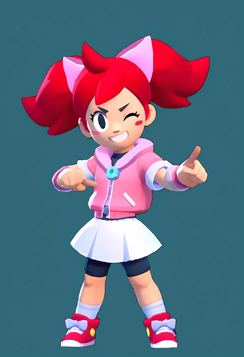 1girl Sayaka (サヤカ) (Yumi)  Ape Escape 3 (サルゲッチュ3) , red hair, twintails, black eyes, hair bow, pink hoodie, short sleeves, wristband, white skirt, bike shorts, socks, sneakers, outdoors, laser blade, tokyo city, standing, pointing at viewer, wink, masterpiece, smiling