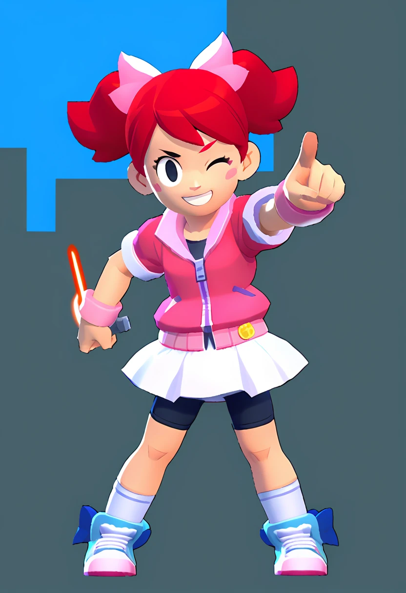 1girl Sayaka (サヤカ) (Yumi)  Ape Escape 3 (サルゲッチュ3) , red hair, twintails, black eyes, hair bow, pink hoodie, short sleeves, wristband, white skirt, bike shorts, socks, sneakers, outdoors, laser blade, tokyo city, standing, pointing at viewer, wink, masterpiece, smiling