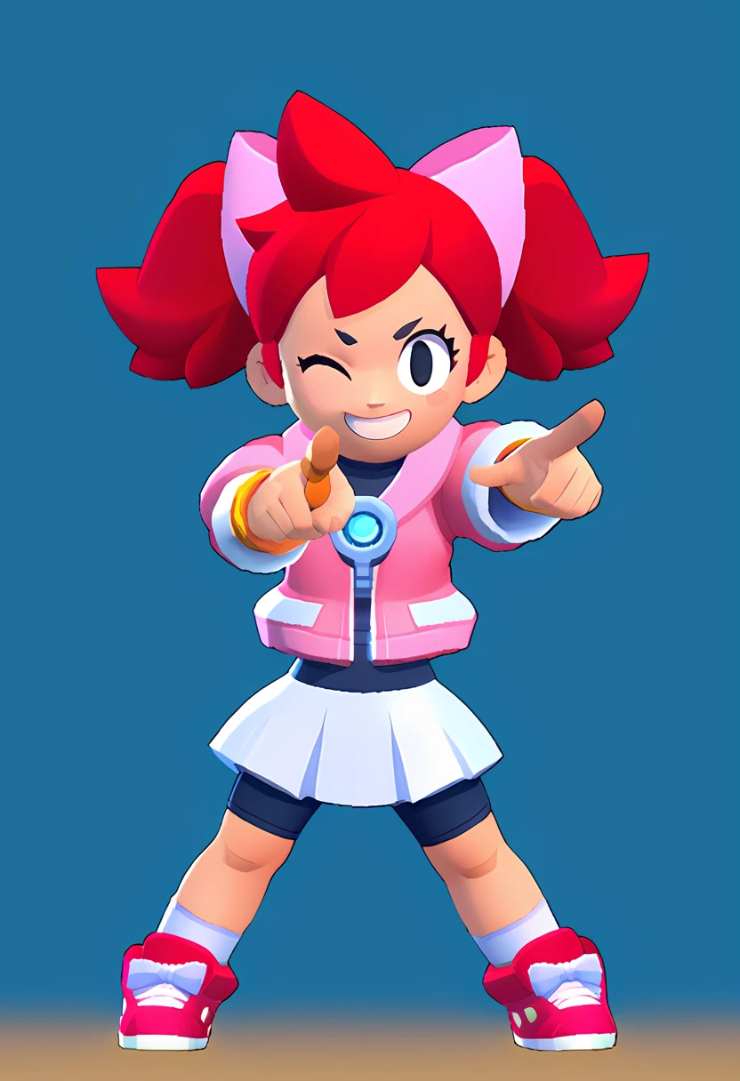 1girl Sayaka (サヤカ) (Yumi)  Ape Escape 3 (サルゲッチュ3) , red hair, twintails, black eyes, hair bow, pink hoodie, short sleeves, wristband, white skirt, bike shorts, socks, sneakers, outdoors, laser blade, tokyo city, standing, pointing at viewer, wink, masterpiece, smiling