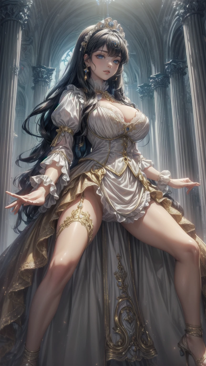 Young beautiful woman,(Highest quality,Extremely detailed depiction,Incredibly absurd high resolution,Anatomically accurate depiction,Two lovely hands, Five perfect fingers,Curvy Legs),(Glowing Skin,Shiny skin,Oilskin),(((A succubus disguised as a princess in a complex white dress))),(Princess Dress,Luxurious accessories,necklace,Earrings,bracelet,A luxurious tiara),eyelash,(Glowing pink eyes,There is cleavage in the chest,A seductive smile,Large Breasts,Glossy Lips,Inviting gesture),Sweat,whole body,background：Dance