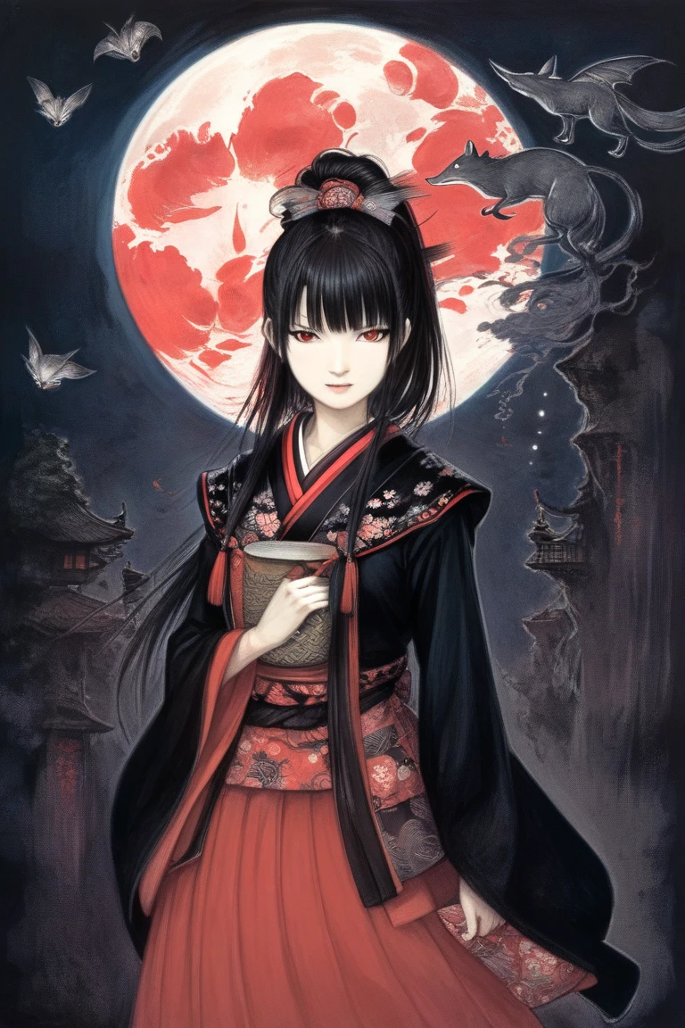 by Yoshitaka Amano, (Broad lighting),  low key lighting , Picturesque, dark(  fantasy art , (Yoshitaka Amano)), (Full-length portrait of a woman, suzuka nakamoto xl,  black ponytail hair, smile,  red eyeshadow),  A Shrine Full of Foxes, (Black Shrine Maiden Clothes  , Red accents), night, Red Moon,  Masterpiece