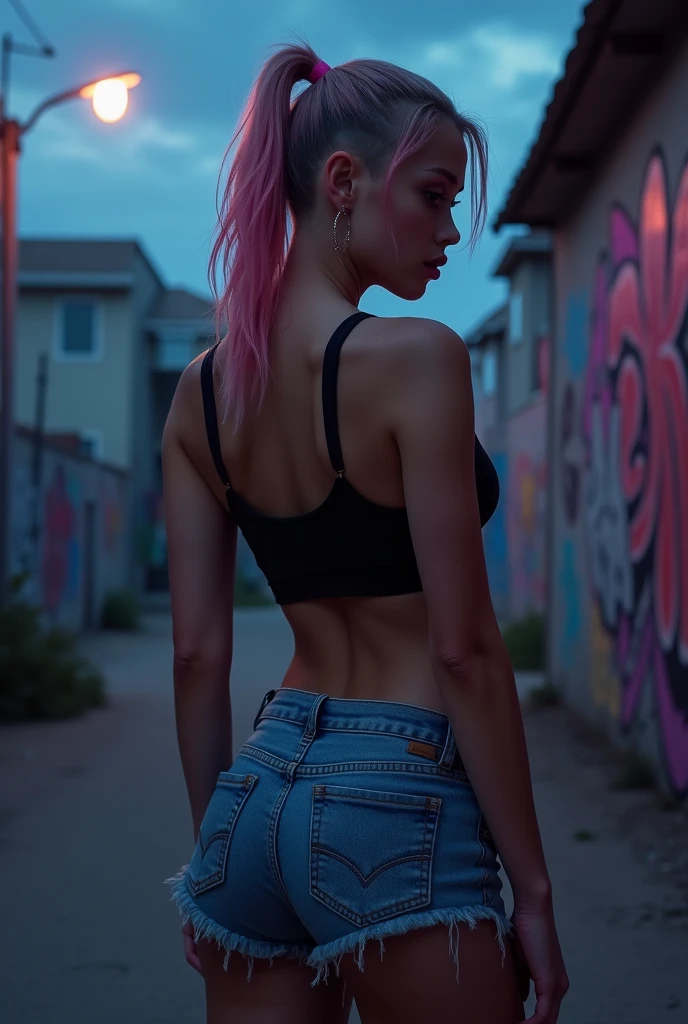 Nina, a 26-year-old South African, stands at 5'10" with a slender yet athletic physique. Her shoulder-length coral-pink hair and piercing gray eyes reflect her bold personality. She is in skatepark.  The vibrant graffiti-covered walls and ramps of the skatepark. she is completly naked beautiful breasts, She curls her ass