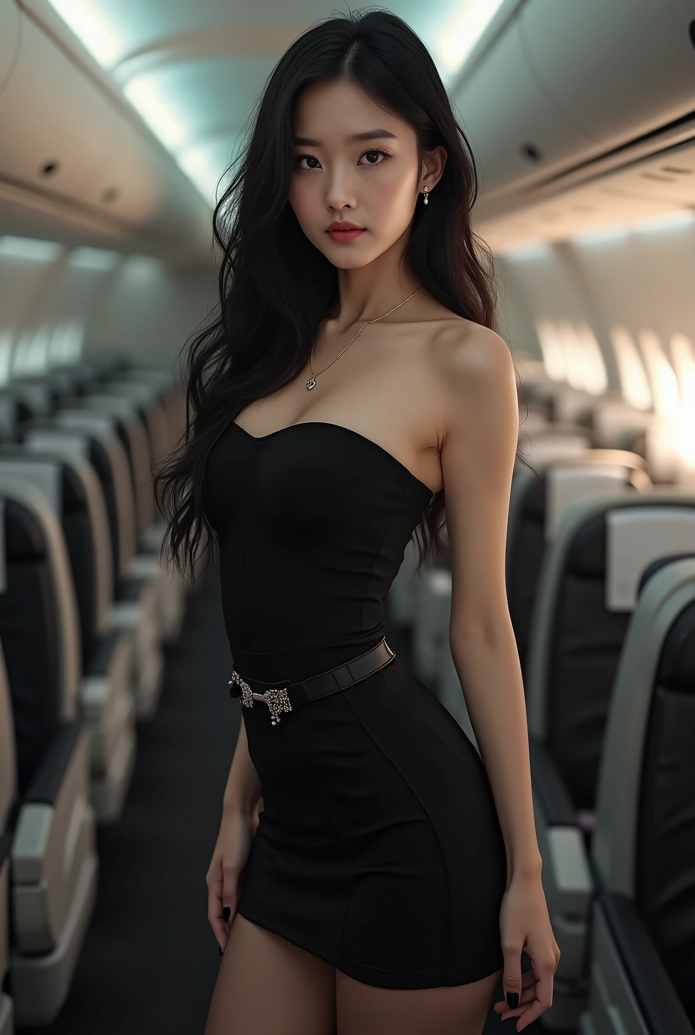 Visualize a scene within the sophisticated confines of an aircraft cabin, where a beautiful cabin crew member exudes professionalism and grace in her tailored (( black suit, skirt )) ensemble. ( Big breast, big hips), Her porcelain pale skin is highlighted by the sleek lines of her uniform, drawing attention to the intricate details of her body and face. Every curve of her figure is meticulously portrayed, from the gentle contour of her waist to the slender length of her legs. Her face radiates with beauty, with delicate features meticulously rendered to capture the warmth of her smile, the sparkle in her eyes, and the flawless complexion of her pale skin. As she moves with confidence and elegance through the cabin, attending to the needs of passengers with poise and efficiency, the meticulous attention to detail in her appearance and demeanor commands admiration and respect from all who cross her path."