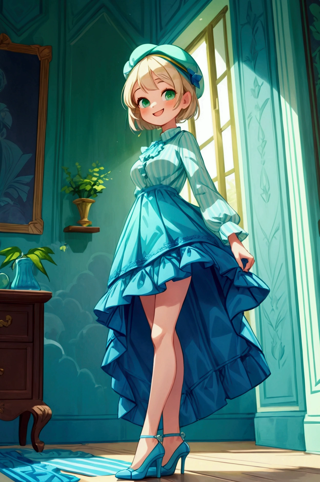 (masterpiece, best quality) 1 girl (Landscape: standing, indoor, intricate detail, sunlight) (Outfit: blue and green frilly striped dress long sleeves, blue short sleeve t-shirt over the dress, high heels, beret) (Body: white blonde short hair, green eyes, teen gorgeous body, gorgeous legs, lovely, pronounced big breast, smiling