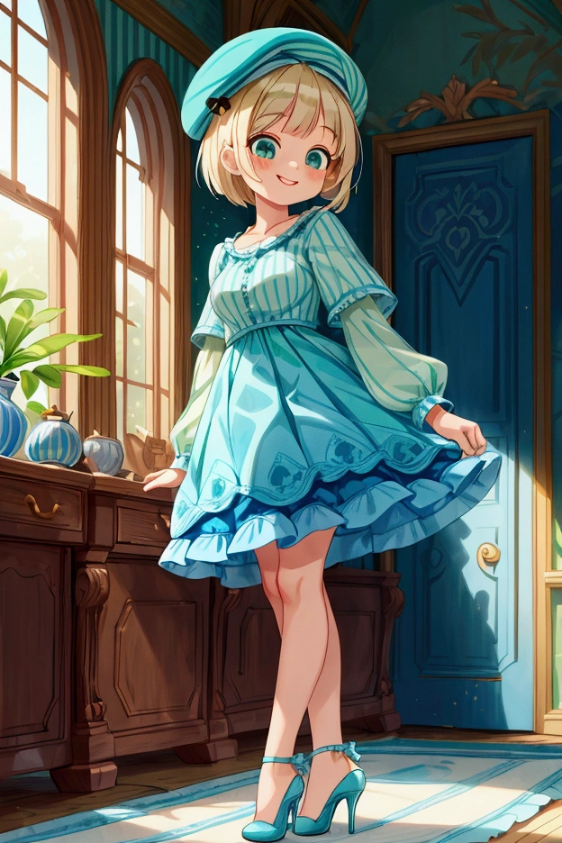 (masterpiece, best quality) 1 girl (Landscape: standing, indoor, intricate detail, sunlight) (Outfit: blue and green frilly striped dress long sleeves, blue short sleeve t-shirt over the dress, high heels, beret) (Body: white blonde short hair, green eyes, teen gorgeous body, gorgeous legs, lovely, pronounced big breast, smiling