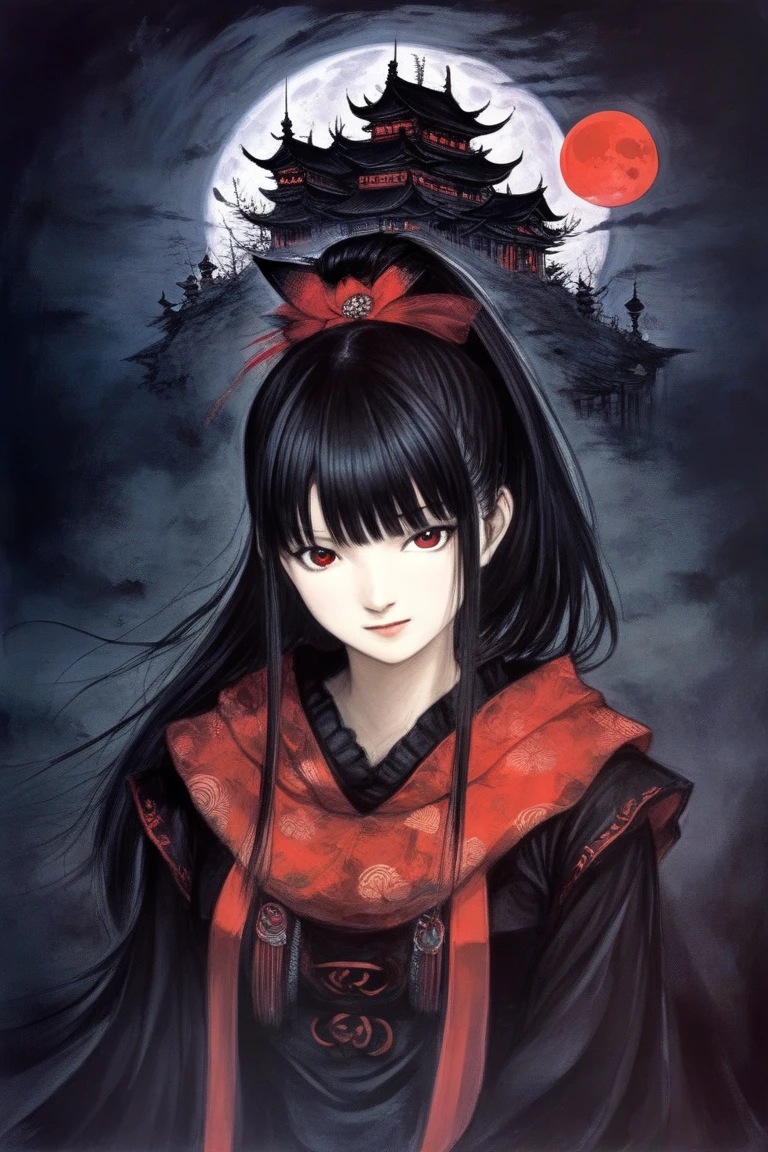 by Yoshitaka Amano, (Broad lighting),  Low Key Lighting, Picturesque, dark(  fantasy art , (Yoshitaka Amano)), (Full-length portrait of a woman, suzuka nakamoto xl,  black ponytail hair, smile,  red eyeshadow), Spooky Tower , The god of foxes, (Black Shrine Maiden Clothes  , Red accents), night, Red Moon,  Masterpiece