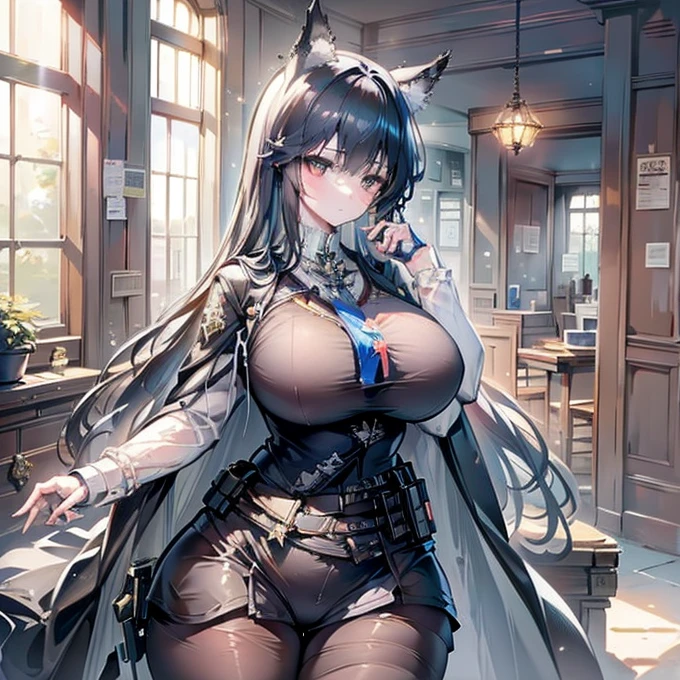    super high resolution   , 最   High Quality   ,   super detailed, 4K,   1 girl, (8k,   High Quality   , masterpiece , 最   High Quality   ,   super detailed, Detailed aspects , Delicate hands,   one woman,   one woman ,   One Girl , Texas (   Arknights ), Alone,   animal ears   , ロング   black hair ,   black hair ,Inside the house, 特大のBig Breasts, 特大Big Breasts,   huge thighs   , ((Big Breasts, Big Breasts,   huge thighs    ))   dynamic pose   