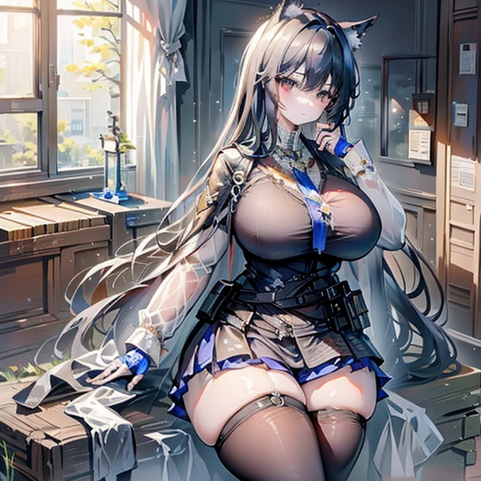    super high resolution   , 最   High Quality   ,   super detailed, 4K,   1 girl, (8k,   High Quality   , masterpiece , 最   High Quality   ,   super detailed, Detailed aspects , Delicate hands,   one woman,   one woman ,   One Girl , Texas (   Arknights ), Alone,   animal ears   , ロング   black hair ,   black hair ,Inside the house, 特大のBig Breasts, 特大Big Breasts,   huge thighs   , ((Big Breasts, Big Breasts,   huge thighs    ))   dynamic pose   