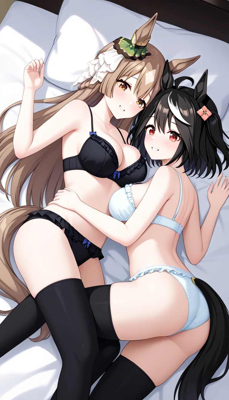 (Mood: Joyful), (Nature: Protective and Affectionate) 2girls, Sexy anime art of two female platonic friends in a bedroom. The indigo-haired woman possesses bat ears and wings. The second woman, with silver hair tied in a ponytail and orange eyes. (Cute: 1.8), the best anatomy, asian, cameltoe, unzoom, animal ears, large chest, glasscutters tits, tits and bits, (platonic: 1.9), trust, (couch, pillows: 1.9), close friends, open mouth, cleavage, ((((masterpiece)))), ((best quality: 1.2)), (playfulness: 1.9), (((from above))), ((((best proportions)))), (sisterhood: 1.7)  (topless: 1.9), (nighttime: 1.9), (light off: 1.6), (((darkness))), pillows, beautiful legs, beautiful arms, arms up, (oxytocin: 1.6), sharing warmth, (coach: 1.8), (bonding together: 1.9), (care: 1.8), (nipples: 1.8), (lying prone: 1.6), (skinship: 1.8), (cute panties: 1.9), (hugging while lying: 1.8)