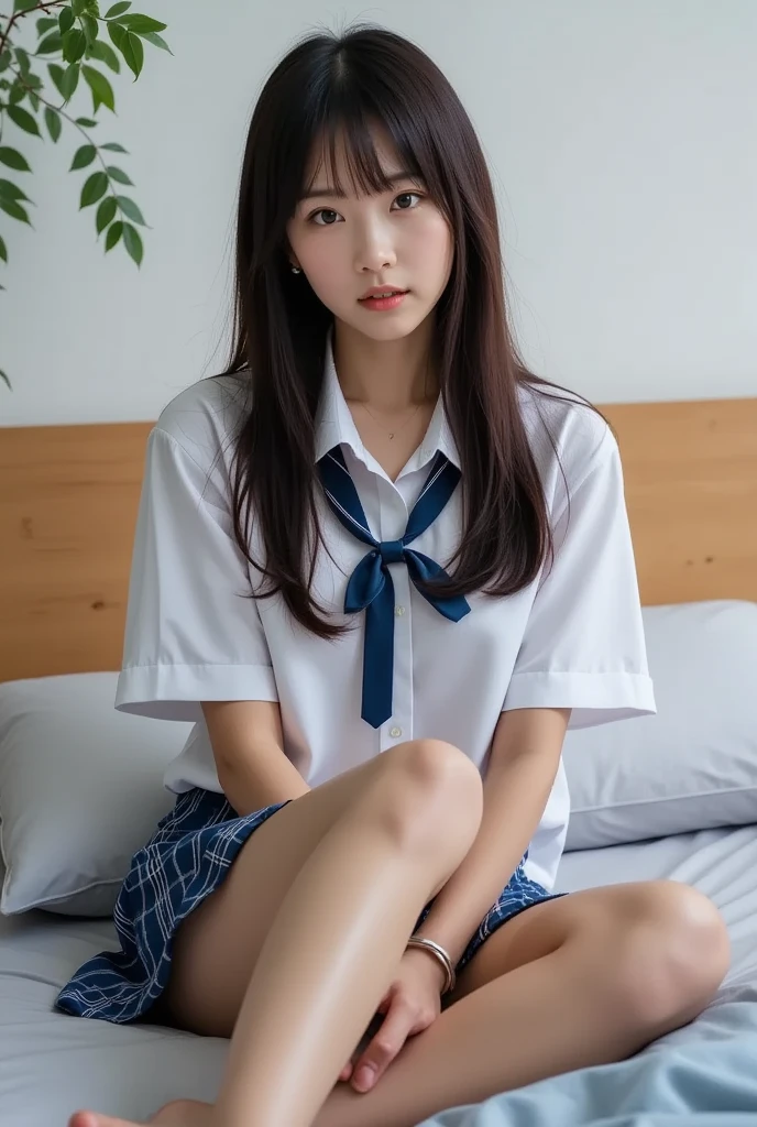 feetを開く、32K,    top quality, masterpiece,  realistic ,    super detailed,    Face up of a cute 25-year-old Japanese woman ,     high definition  , Alone、 (barefeet、   white blouse  、   blue plaid pleated skirt to cover white panties)、( feet:1.3)、((The upper body is wearing a uniform))、(((((  strong)))))、(((whole body)))、((( thigh)))、bedroom、   on the bed、   behind your butt 、((   Is an oversized sports shirt that focuses on the crotch   )),   real skin texture deep into the night,
   nudes,
