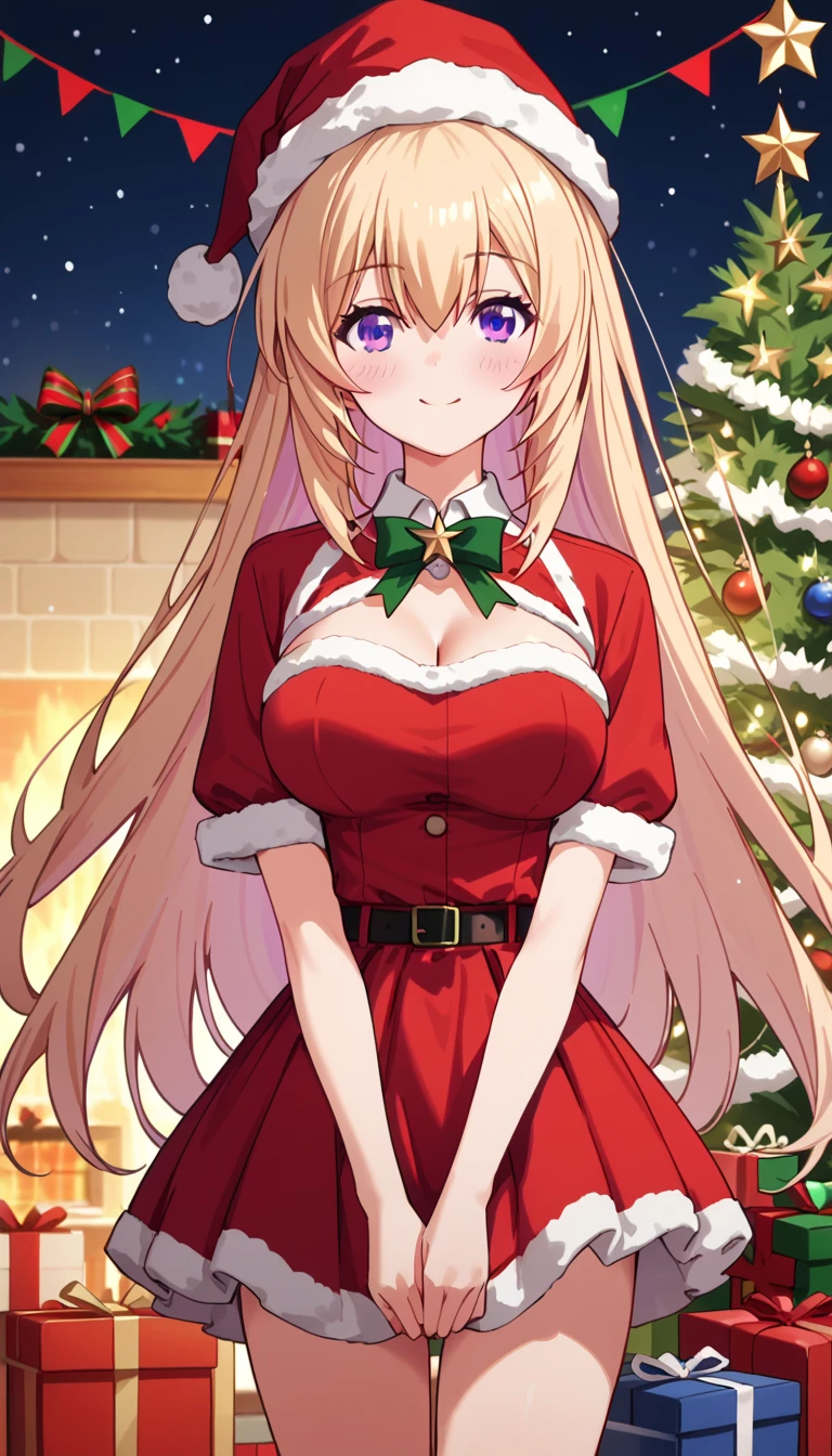 best quality, high resolution, 8k, alone, ((blush:1.5)), (Ichinose honami, long hair, blonde hair, purple eyes, hair between eyes, large breasts), happy smile, christmas dress, christmas hat, mini skirt, christmas background, christmas dinner, christmas prsent