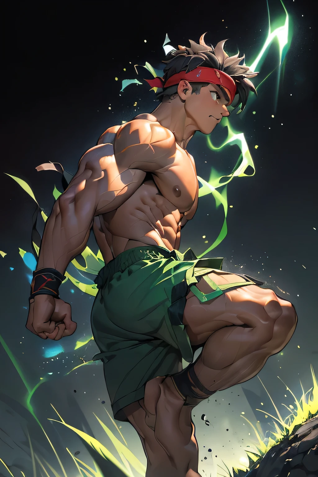 ((masterpiece, best quality, stalwart, (Depth of field:1.2))), (((((black background, deep night, side shot))))), (worm green eyes, Young boy, muscler, Shirtless, topless), ((((1boy, solo, flesh, tough, reliable, developed body)))), (Dark Short straight hair, green eyes, ((almost completely shaved hair)), under cut), (((red headband, wristband))), Vivid colors, ((gigantic breast, gigantic abs, big shoulder, muscular body, sturdy body, defined round and fleshy pecs, defined round and fleshy ABS, defined round and fleshy armsmuscular, well-defined muscles, toned body, shouldermuscler)), muscler!, muscler body, detailed face, detailed muscle, (((rippling muscles, Flowing energy, wearing wind to emphasize the power of his aura. Highlight his aura, blue and green aura effect, wearing energy stream, charge aura energy his right arm, Imposing, fight, fighting, agressive, action, punching, kicking)))