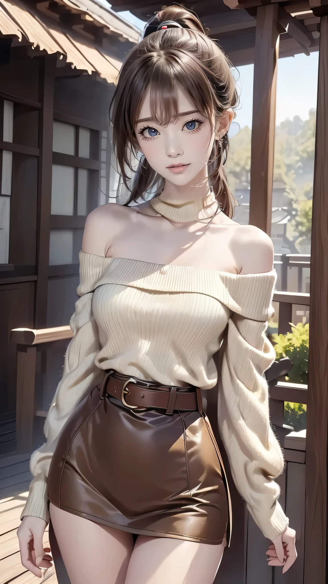 (masterpiece:1.2, top-quality), (realistic, photorealistic:1.4), beautiful illustration, (natural side lighting, movie lighting), looking away, (from below), 1 girl, japanese, high school girl, ************, perfect face, perfect body, cute and symmetrical face, shiny skin, ****face, tiny, (short hair:1.5, (low ponytail):1.6, long sideburns, light brown hair), asymmetrical bangs, dark blue eyes, big eyes, drooping eyes, (middle breasts, seductive thighs, big ass), beautiful hair, beautiful face, beautiful detailed eyes, beautiful clavicle, beautiful body, beautiful chest, beautiful thigh, beautiful legs, beautiful fingers, (((off-shoulder light yellow green sweater, brown tight leeveless dark brown turtleneck sweater), belt, emerald green hair ribbon), (beautiful scenery), morning, (amusement park), walking, (hand in own hair), holding a drink, (happy smile, open mouth), looking at viewer