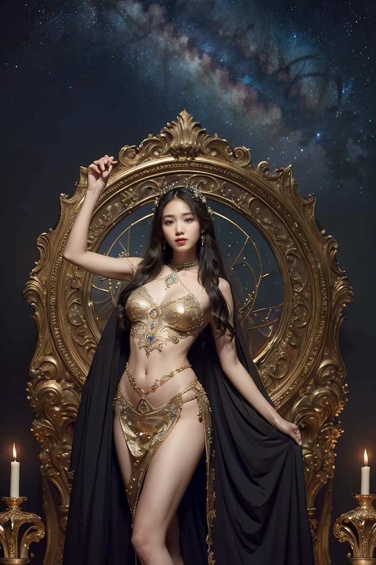 Black Hair, High resolution, Large Breasts, Big Ass, Plump, Droopy eyes, Showing teeth, Chubby, Brown Hair, bangs, Large Breasts, Underbust, See through, Many people々々々,Multiple nationalities,Each one has their own unique personality......,Stick your butt out,2 people,Keep your butt up,
A deep V-neck satin blouse with an off-the-shoulder design.,The sleeves are flared, flowing gracefully with every movement.,The blouse fits snugly, cinched slightly at the waist.,A long skirt with a slit from the waist to the hem.,The skirt's fabric, a light chiffon, sways gracefully with every step, offering glimpses of her legs.,The waist of the skirt features gold decorations inspired by stars and moons.,A wide leather belt engraved with symbols related to magic and divination accentuates her waist.,A small pouch attached to the belt allows for storage of divination tools.,シルクのスカーフを頭に巻きbangsを少し覗かせるスタイル,The scarf features symbols related to divination and constellations.,Long, wavy hair cascades from beneath a silk scarf.,A large crystal pendant shines on her chest, radiating a mystical aura.,The pendant is designed with moon and star motifs, emphasizing her image as a fortune teller., Gold hoop earrings and long tassel earrings adorn her face.,The earrings are crafted with crystals and onyx, giving off an aura of magical power.,Multiple thin bangles are layered on both wrists, clinking with every movement of her hands.,Bangles made of gold and silver are engraved with astrological symbols and runes.,A ring adorned with large gemstones, worn on multiple fingers, draws attention to her hands during fortune telling.,The ring bears an inscription reminiscent of ancient secrets.,White clothes,
