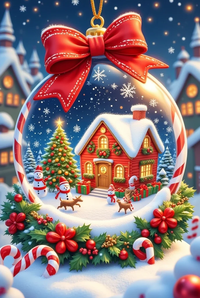 masterpiece, " This is a beautiful Christmas ornament , depicts a cozy winter village scene ,  in a clear glass ball , Decorate with a big red bow .  covered in snow ,  A decorated Christmas tree ,  and gentle snowflakes create a nostalgic holiday atmosphere.  Holly leaves around the ornament ,  red berries , and candy canes ,  add a festive atmosphere to the artwork ."