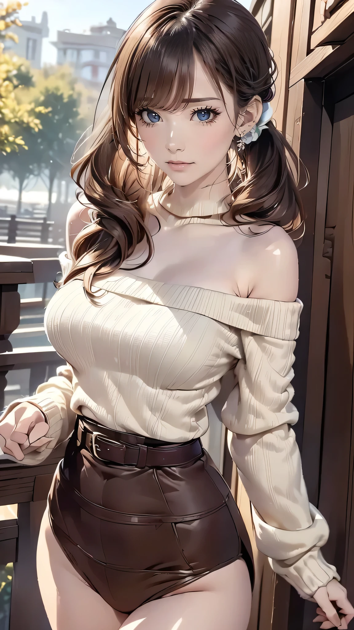 (masterpiece:1.2, top-quality), (realistic, photorealistic:1.4), beautiful illustration, (natural side lighting, movie lighting), looking away, (from below), 1 girl, japanese, high school girl, ************, perfect face, perfect body, cute and symmetrical face, shiny skin, ****face, tiny, (short hair:1.5, (low ponytail):1.6, long sideburns, light brown hair), asymmetrical bangs, dark blue eyes, big eyes, drooping eyes, (middle breasts, seductive thighs, big ass), beautiful hair, beautiful face, beautiful detailed eyes, beautiful clavicle, beautiful body, beautiful chest, beautiful thigh, beautiful legs, beautiful fingers, (((off-shoulder light yellow green sweater, brown tight leeveless dark brown turtleneck sweater), belt, emerald green hair ribbon), (beautiful scenery), morning, (amusement park), walking, (hand in own hair), holding a drink, (happy smile, open mouth), looking at viewer