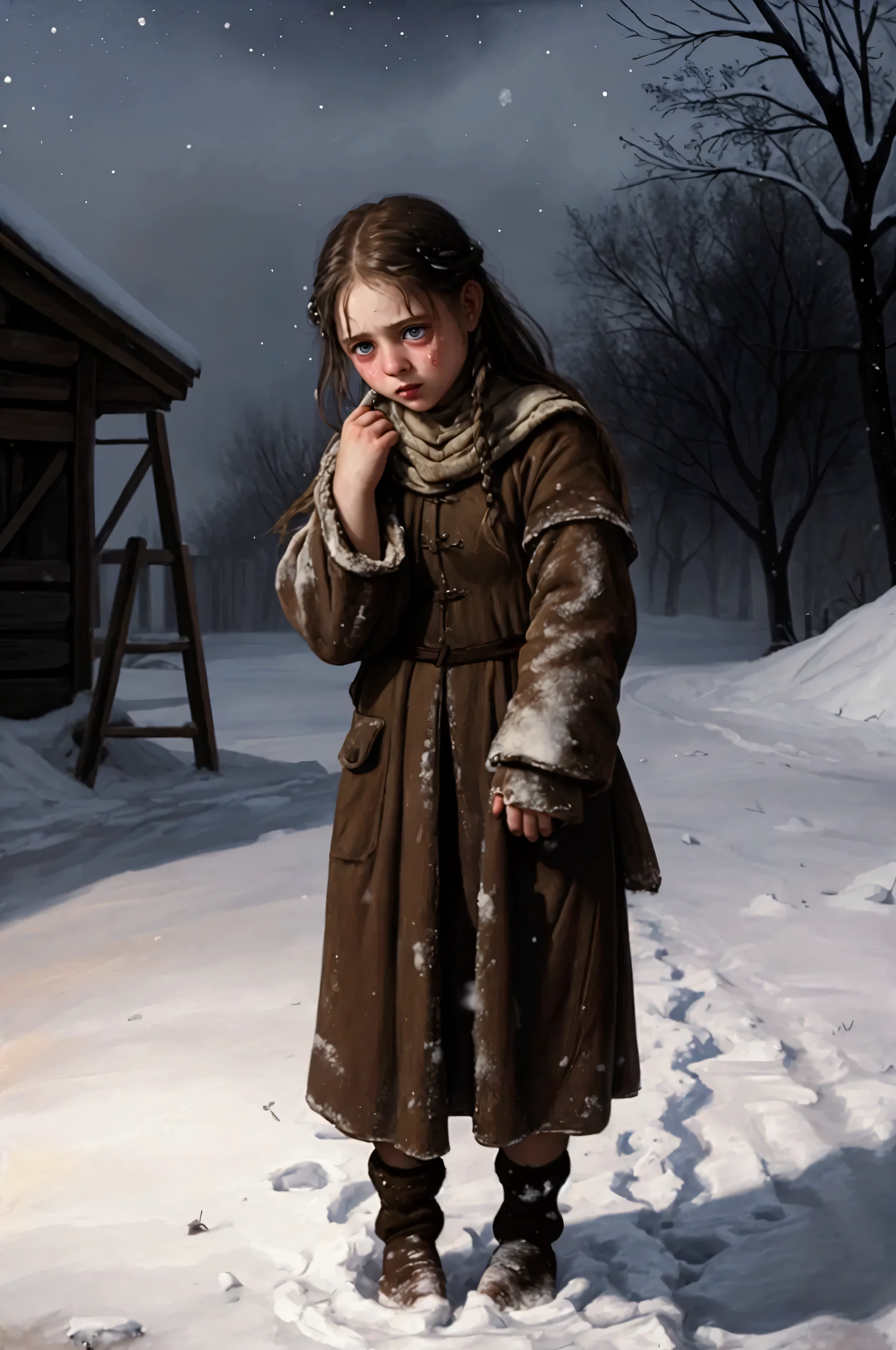 oil painting, Little desperate hopelessly freezing girl with ragged medieval clothes dirty and without shoes in the snow. Dishevelled hair, Tears run down her cheeks, Night falls and fog rolls in, oil painting,