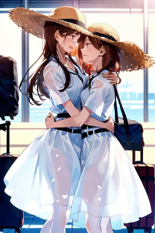 masterpiece, Two Lovers, Anticipating ,  white ensemble outfit ,  straw hat on hand ,  waiting near the departure gate at the airport ,  top quality,  realistic ,  ultra detail, ( sweaty on the forehead : 1.4),  nostalgic heart ,  looking into each other's eyes ,  sunburned skin, Wavy Maroon Hair ,  dark brown eyes,  Slender physique ,  harmonious lighting ,  vivid and soft focus ,  signs of happiness and excitement ,  depth of field,  capturing their connection with all their heart , (Embrace each other: 1.6),  carry-on luggage beside them,  airplane flying over ,  sophisticated airport atmosphere , Morning sunlight, green々 greenery and 