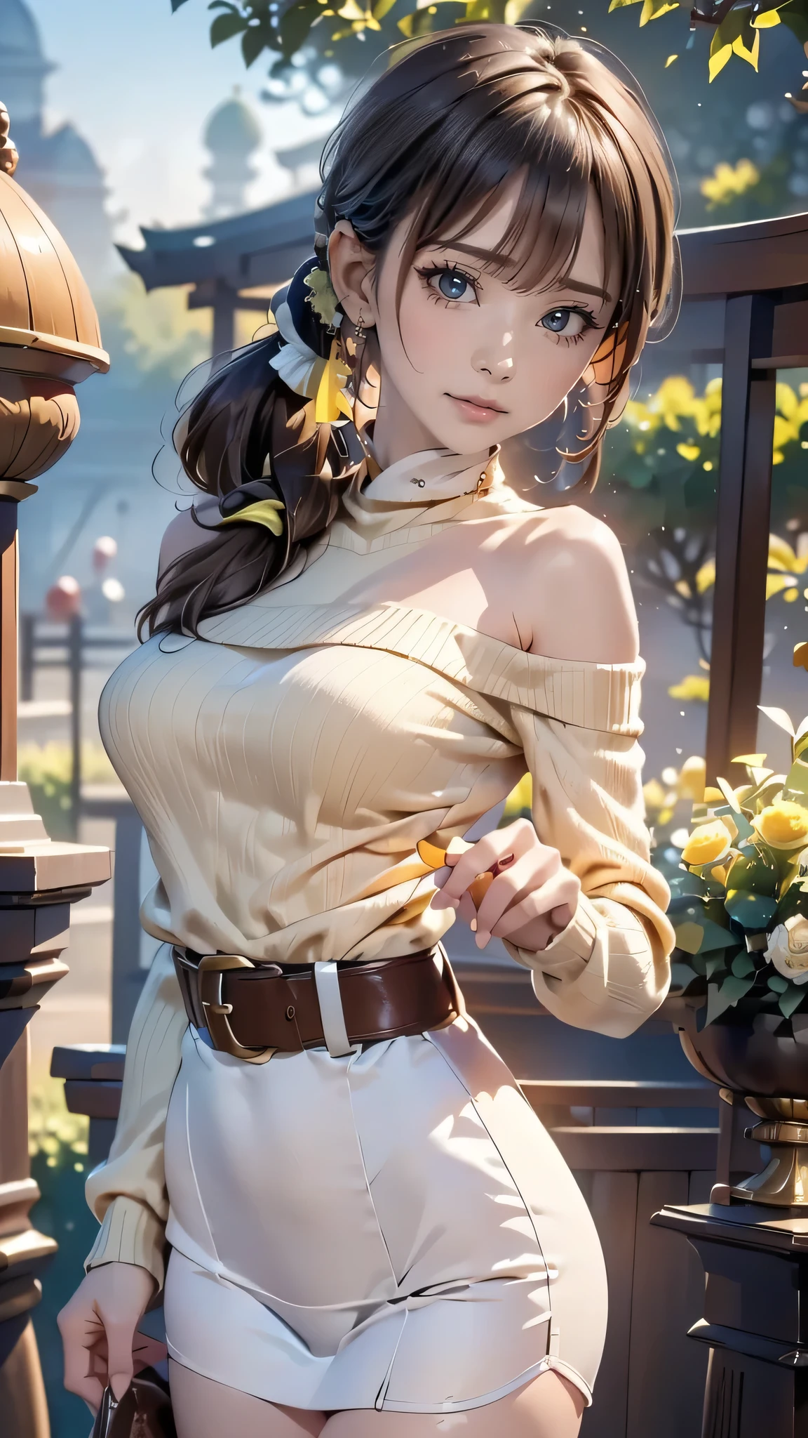 (masterpiece:1.2, top-quality), (realistic, photorealistic:1.4), beautiful illustration, (natural side lighting, movie lighting), looking away, (from below), 1 girl, japanese, high school girl, ************, perfect face, perfect body, cute and symmetrical face, shiny skin, ****face, tiny, (short hair:1.5, (low ponytail):1.6, long sideburns, light brown hair), asymmetrical bangs, dark blue eyes, big eyes, drooping eyes, (middle breasts, seductive thighs, big ass), beautiful hair, beautiful face, beautiful detailed eyes, beautiful clavicle, beautiful body, beautiful chest, beautiful thigh, beautiful legs, beautiful fingers, (((off-shoulder light yellow green sweater, brown tight leeveless dark brown turtleneck sweater), belt, emerald green hair ribbon), (beautiful scenery), morning, (amusement park), walking, (hand in own hair), holding a drink, (happy smile, open mouth), looking at viewer