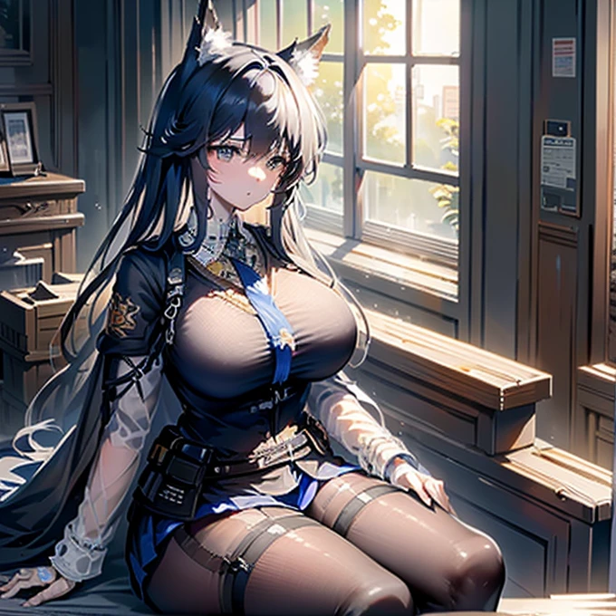  super high resolution  , 最  High Quality  ,  super detailed, 4K,  1 girl, (8k,  High Quality  , masterpiece , 最  High Quality  ,  super detailed, Detailed aspects , Delicate hands,  one woman,  one woman ,  One Girl , Texas (  Arknights ), Alone,  animal ears  , ロング  black hair ,  black hair ,Inside the house, 特大のBig Breasts, 特大Big Breasts,  huge thighs  , ((Big Breasts, Big Breasts,  huge thighs  ))  dynamic pose 