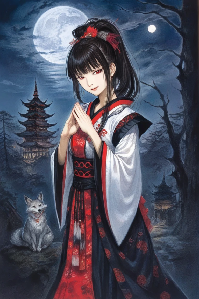 by Yoshitaka Amano, (Broad lighting),  low key lighting , Picturesque, fantasy(  fantasy art , (Yoshitaka Amano)), (Full-length portrait of a woman, suzuka nakamoto xl,  black ponytail hair, smile,  red eyeshadow), Mysterious Tower, The god of foxes, (Black Shrine Maiden Clothes  , Red accents), night, Red Moon,  Masterpiece, Prayer Dance 