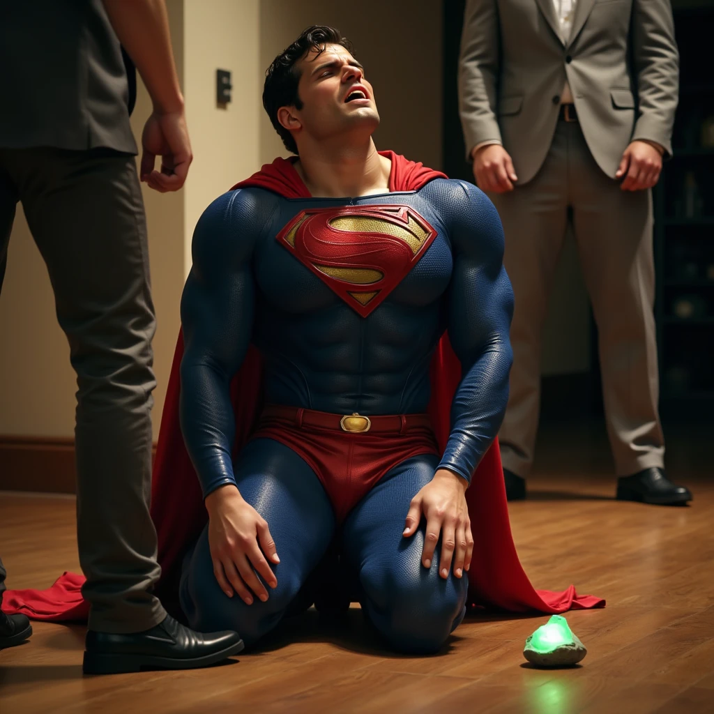 a muscular attractive h3nr4, Henry Cavil with Short stubble in a blue and red superhero costume with a prominent yellow 'S' emblem on the chest, falling to his knees on a wooden floor, orgasm face, eyes closed, mouth open, head down, small glowing green rock on the floor. Another person, only partially visible, stands nearby, wearing a gray suit and black shoes