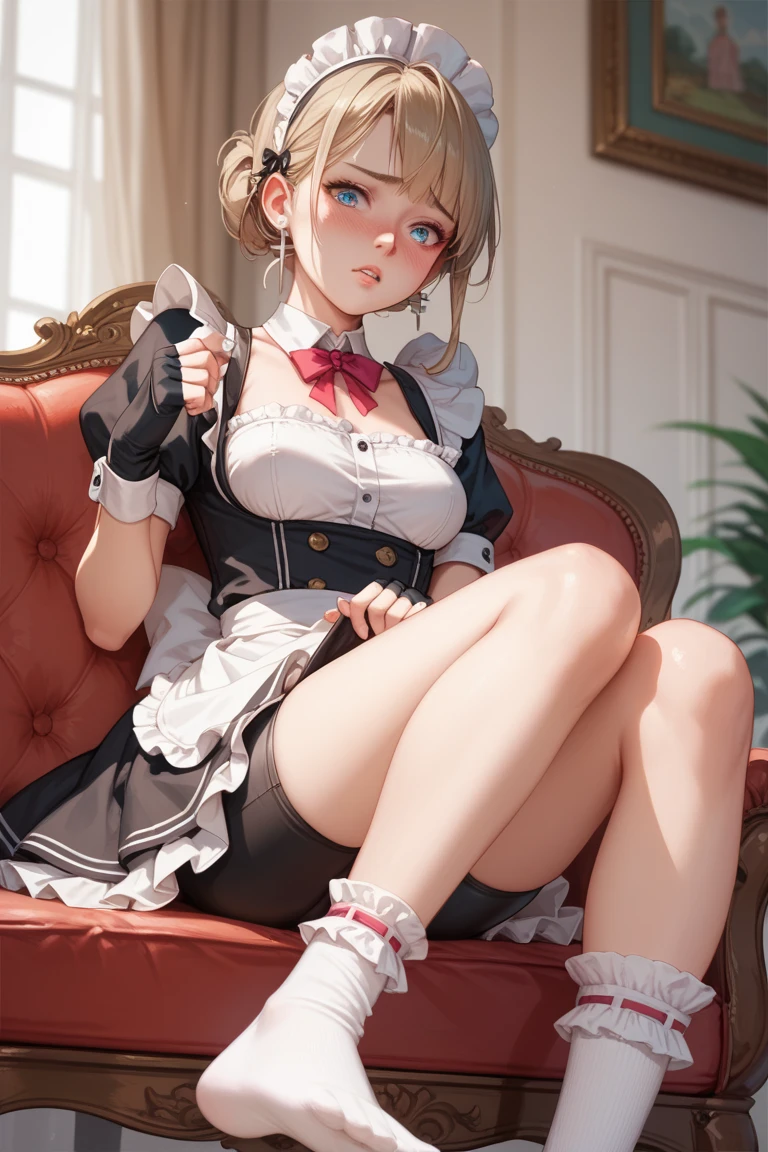 render of a cute 3d anime girl,Smiling blonde twintails with blue eyes wearing vest sitting on park bench at night,Big Half Moon, Selfie Wind, Angle from below,wide angles,Looking up at the sky,maid apronl, a closeup,the woods, Night, 8K portrait rendering, Smooth Anime CG Art, Rin,Open legs, exposed vagina