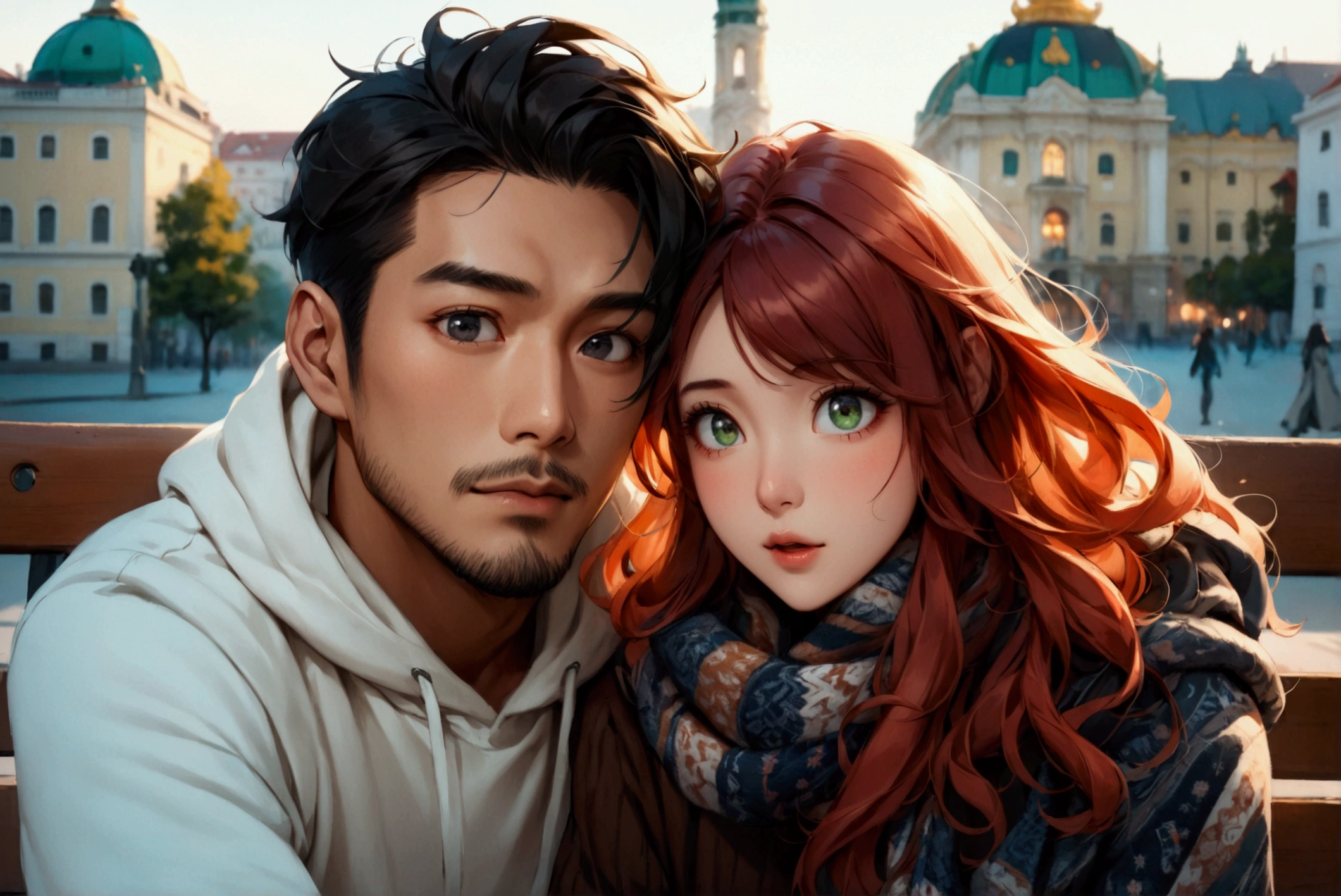 Portray a full-body shot of an international couple sitting arm in arm on a bench set against the majestic urban landscape of Vienna, Austria on background. The couple features an Asian man in his thirties and a white European woman in her twenties. The man has a strong square face, adorned with brown skin based on golden undertone, double lid downturned black eyes, low cheek bones, a prominent nose, and short coiffed black hair. He is dressed in a white hoodie covered by a stadium jacket in black. The pretty square face of his European girlfriend is defined by wide-set eyes, high cheek bones, a prominent nose, long wavy hair and fair complexity based on cool undertone. Her red hair is styled in loose, gentle waves, and she wears a knitted sweater paired with a crystal print scarf. ((full shot)), ((Asian man, square face, black eyes)), ((European woman, square face, wide-set, green eyes)), (international couple), ((wide view)), (full-body shot), highly detailed, soft lighting, vibrant colors, surprised, (front view), arm in arm, ((looking away)), arm in arm, relaxing vibe