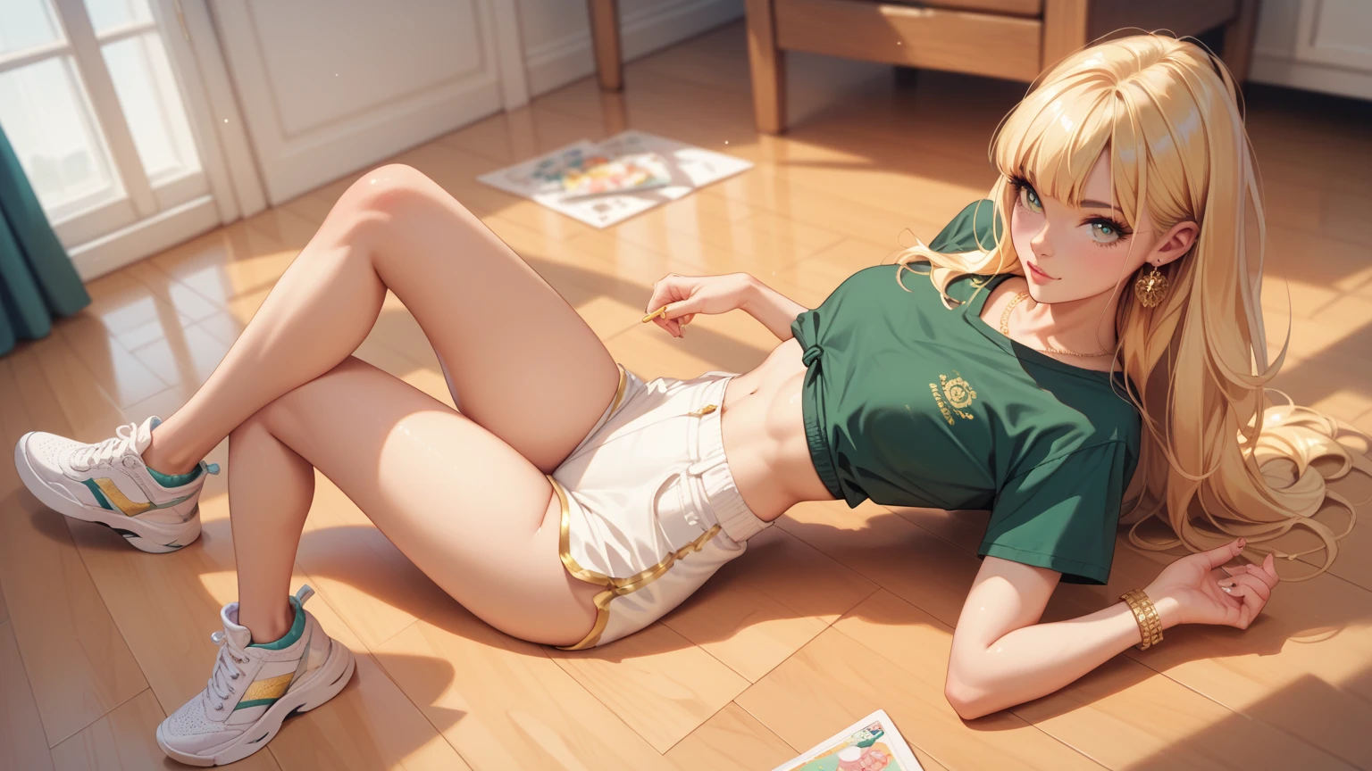 above view of one hot woman sit up on the floor , she is wearing dark green shirt, yellow legging , pastel gold hairs,white sneaker, small waist、slender、relax atmosphere, 