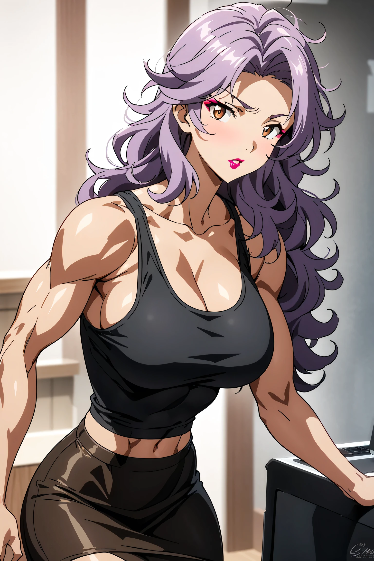 score 9 , score 8 up, score 7 up, source anime, masterpiece,  top quality,  high definition , 1woman, Close-up of a woman with long purple hair, Muscular and strong, makeup, messy hair, lipstick, wavy hair, Brown eyed woman, Alone, Classic Women, Big Breasts, Strong muscles,  woman with very large breasts,  made in anime painter studio , Boobs, clothing: black tank top, collarbone, Women Romance,  anime style,  muscular woman ,  Skin Tight Tank Top , feminine and muscular,  Attractive Anime Woman , Tall Woman,  toned body,  adult sex appeal, Wearing a tight skirt, Anime dick!!!!, tanktop with an black, tight skirt with an black, Bare shoulders, Bare Arms, tank top and tight skirt only,  Cowboy Shots, looking at viewer, Female focus,