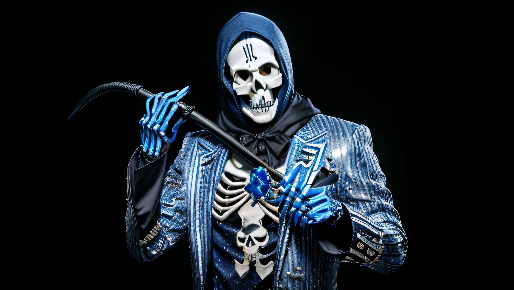 arafael man with a blue and white shirt made of sequins and blue gloves holding a whip, skull mask, full face covering in the shape of a skull, ( ( ( skeleton ) ) ), skull cane, skull with hood, menacing look, white man with blue fabric mask, face with white glitter skull mask, zipper opening on the skull, punk grim reaper, the grim reaper as a scary and dark expression