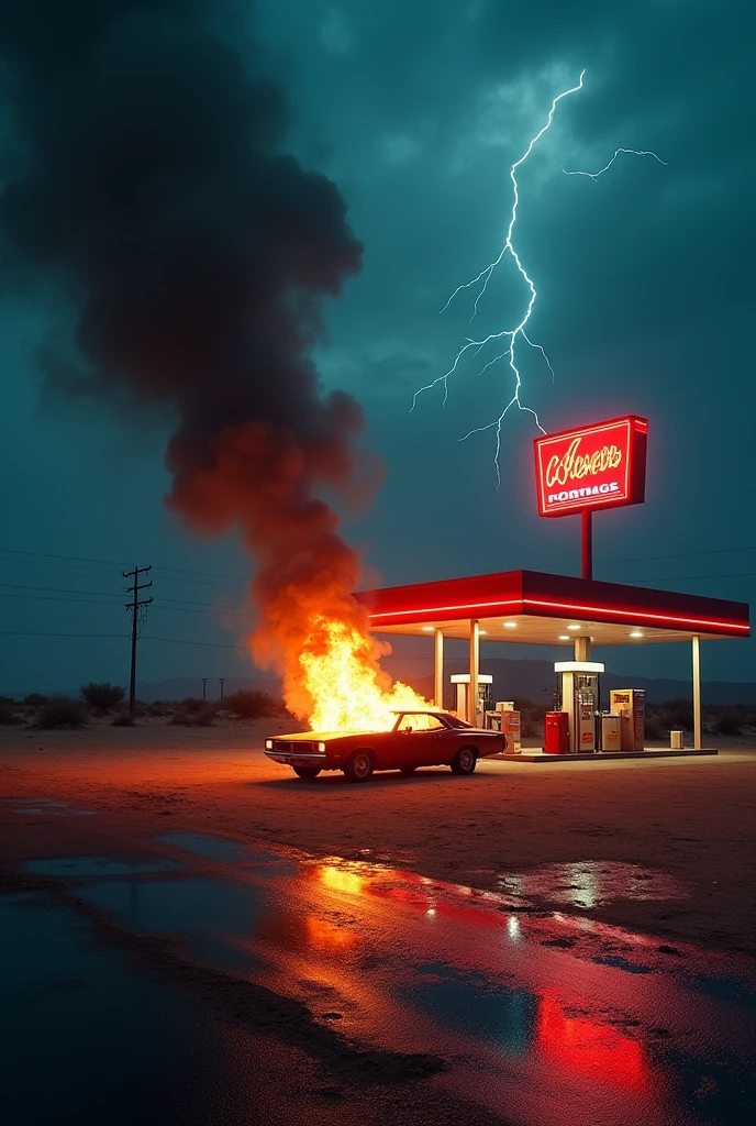 Photographie d'un paysage de nuit dans le desert Californien avec une voiture qui brule dans une station essence et avec des eclairages au neons et avec un eclair dans le ciel et avec un sol mouillé et avec un ciel gris