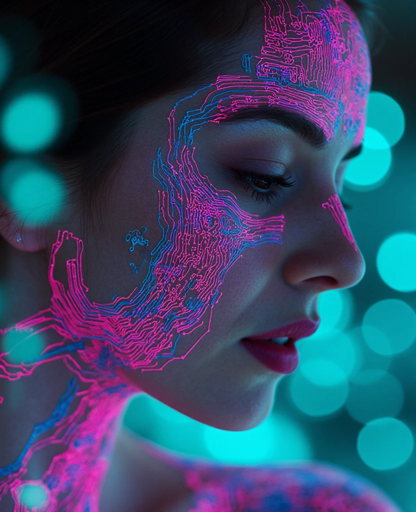 A close-up profile portrait of a woman with a face adorned with glowing, vibrant digital circuitry patterns in shades of pink, purple, blue, and teal, set against a backdrop of bokeh lights in teal and aqua tones.  Her expression is serene, with intensely detailed, digitally-enhanced features.