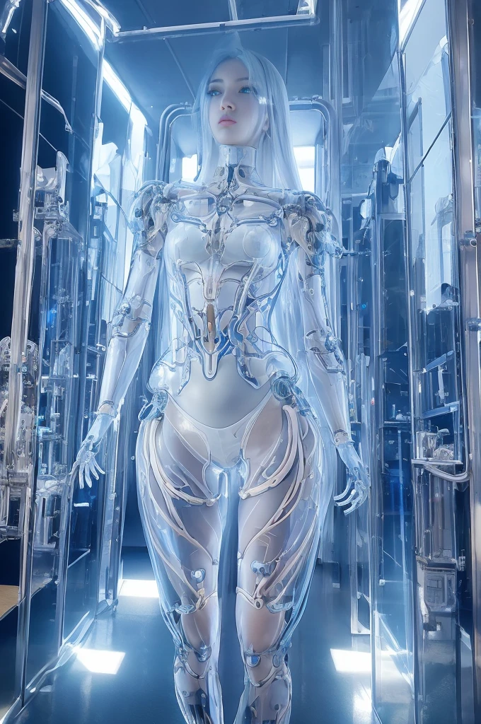 Translucent ethereal mechanical girl,Mechanical joints, mechanofibrous,Mechanical skeleton,Machine-built ,Transparent muscle,Transparent face,Transparent Hair,Mechanical Engineer,Liquid Metal Girl