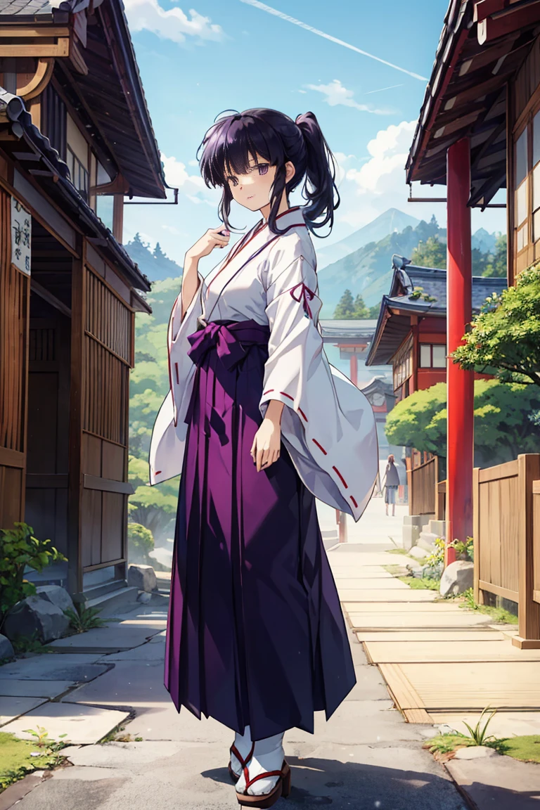  adult woman, 30-year-old woman, Long hair、 tall and beautiful, Shrine maiden,  kimono,  white and purple hakama ,  Long Sleeve , whole body, Wide sleeve,  purple hakama skirt, Ponytail,  Warring States period, Japan Pavilion 、 Black Hair ,  standing, full body, Clear daytime, An old Japanese village , Clothes are purple 